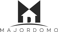 A logo of major domo which looks like a house with a door that is in the shape of a D, and a capital M shape in the background.